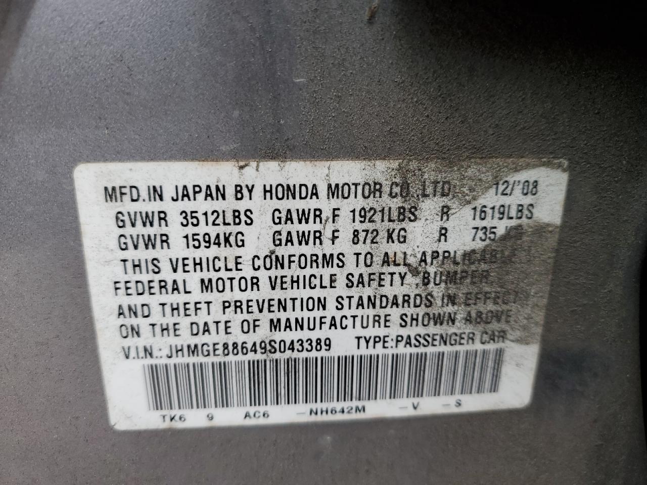 2009 Honda Fit Sport VIN: JHMGE88649S043389 Lot: 84767464