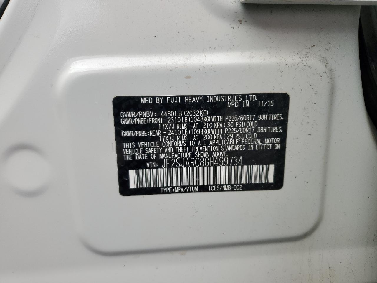 2016 Subaru Forester 2.5I Limited VIN: JF2SJARC8GH499734 Lot: 85482384