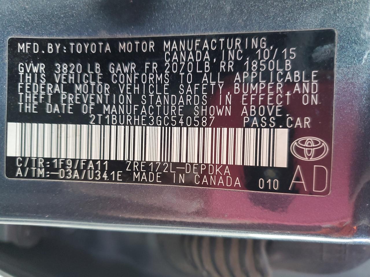 VIN 2T1BURHE3GC540587 2016 TOYOTA COROLLA no.12