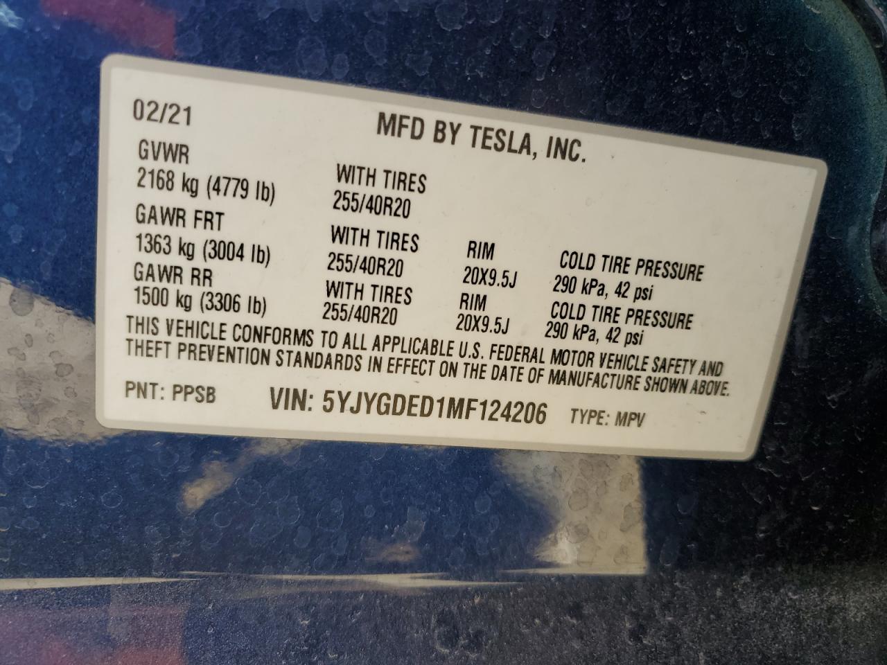 VIN 5YJYGDED1MF124206 2021 TESLA MODEL Y no.12