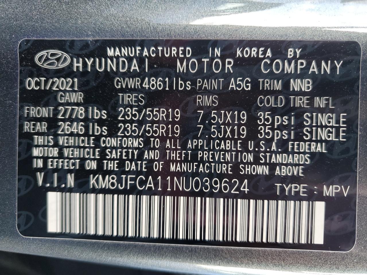 VIN KM8JFCA11NU039624 2022 HYUNDAI TUCSON no.14