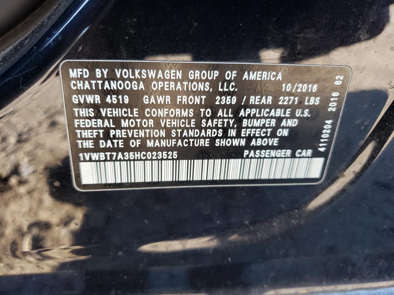 VIN 1VWBT7A35HC023525 2017 VOLKSWAGEN PASSAT no.13