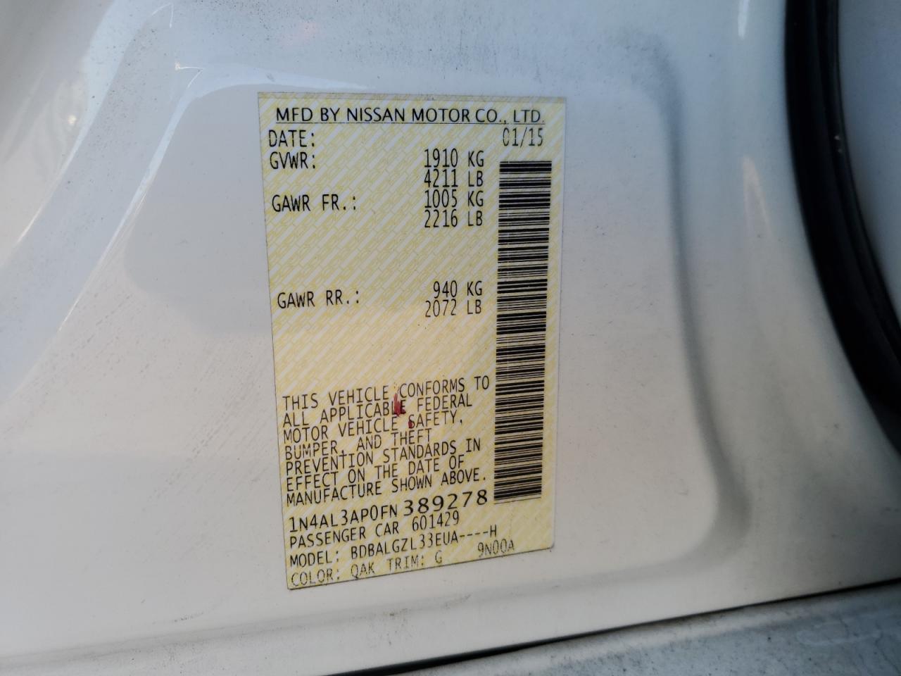 VIN 1N4AL3AP0FN389278 2015 NISSAN ALTIMA no.12