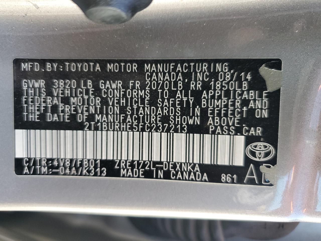 VIN 2T1BURHE5FC237213 2015 TOYOTA COROLLA no.12