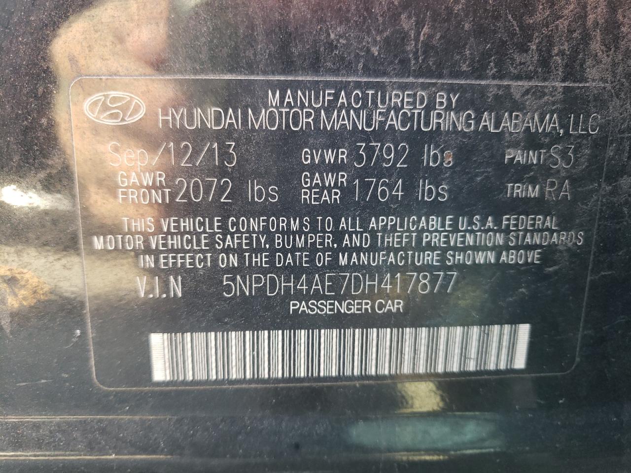 VIN 5NPDH4AE7DH417877 2013 HYUNDAI ELANTRA no.12