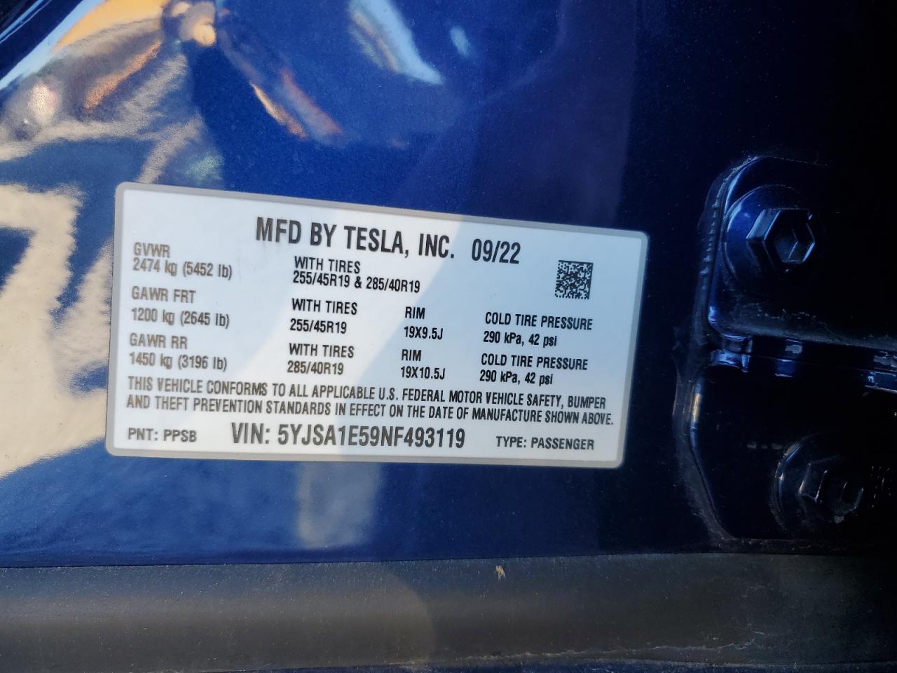 2022 Tesla Model S VIN: 5YJSA1E59NF493119 Lot: 82599614