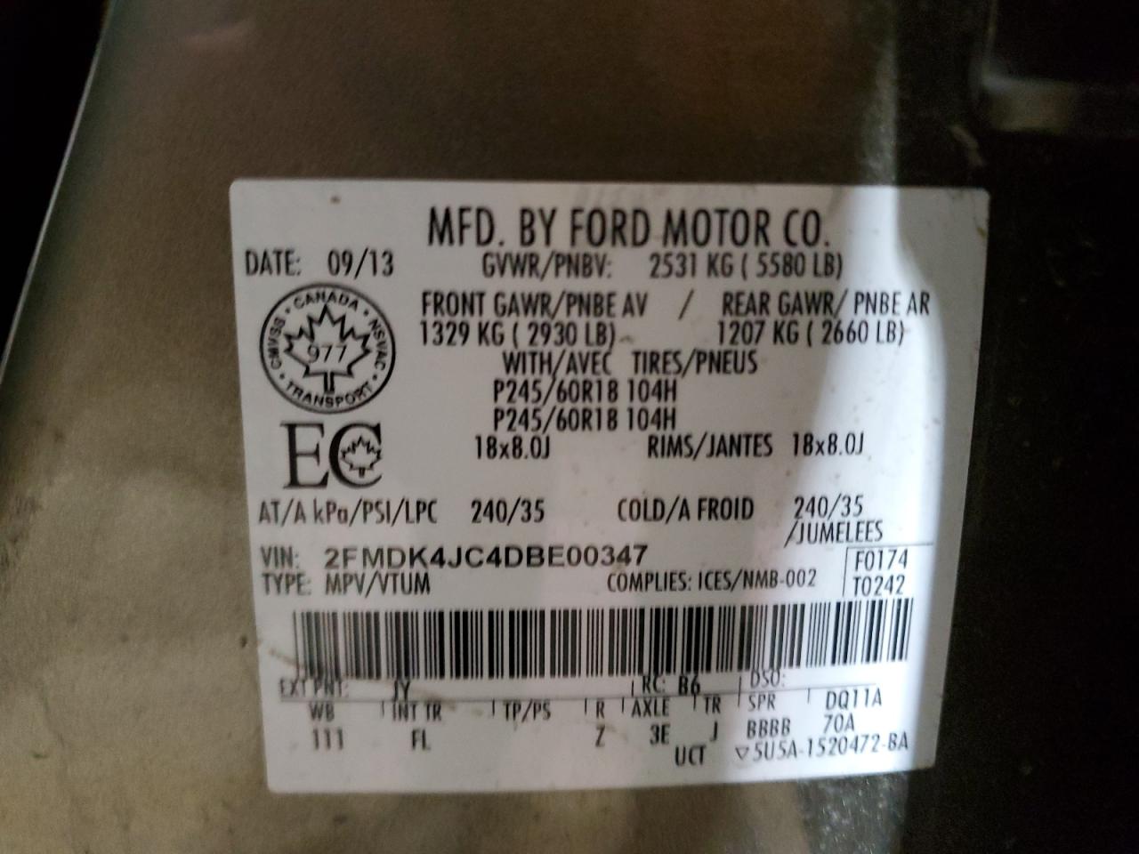 2013 Ford Edge Sel VIN: 2FMDK4JC4DBE00347 Lot: 85152184