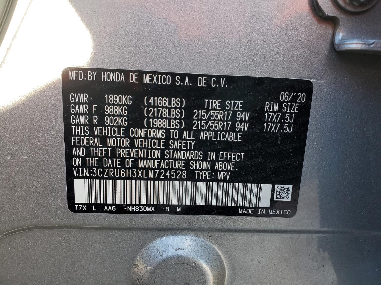 2020 Honda Hr-V Lx VIN: 3CZRU6H3XLM724528 Lot: 84386294