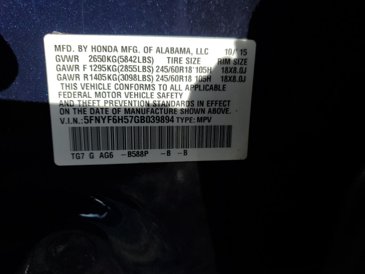 2016 Honda Pilot Exl VIN: 5FNYF6H57GB039894 Lot: 85560434