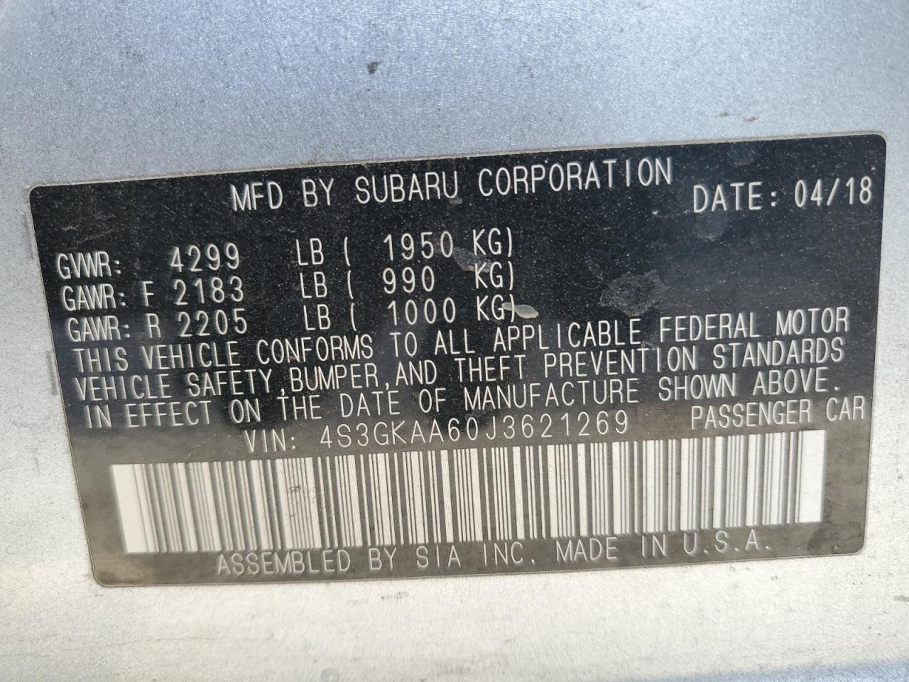 2018 Subaru Impreza VIN: 4S3GKAA60J3621269 Lot: 85962714