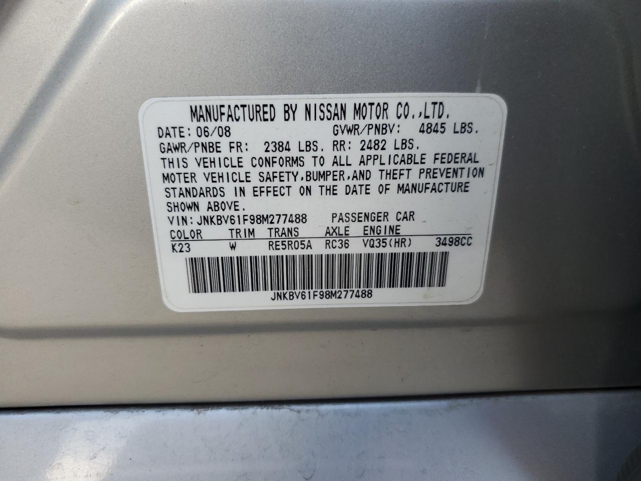 2008 Infiniti G35 VIN: JNKBV61F98M277488 Lot: 82867564