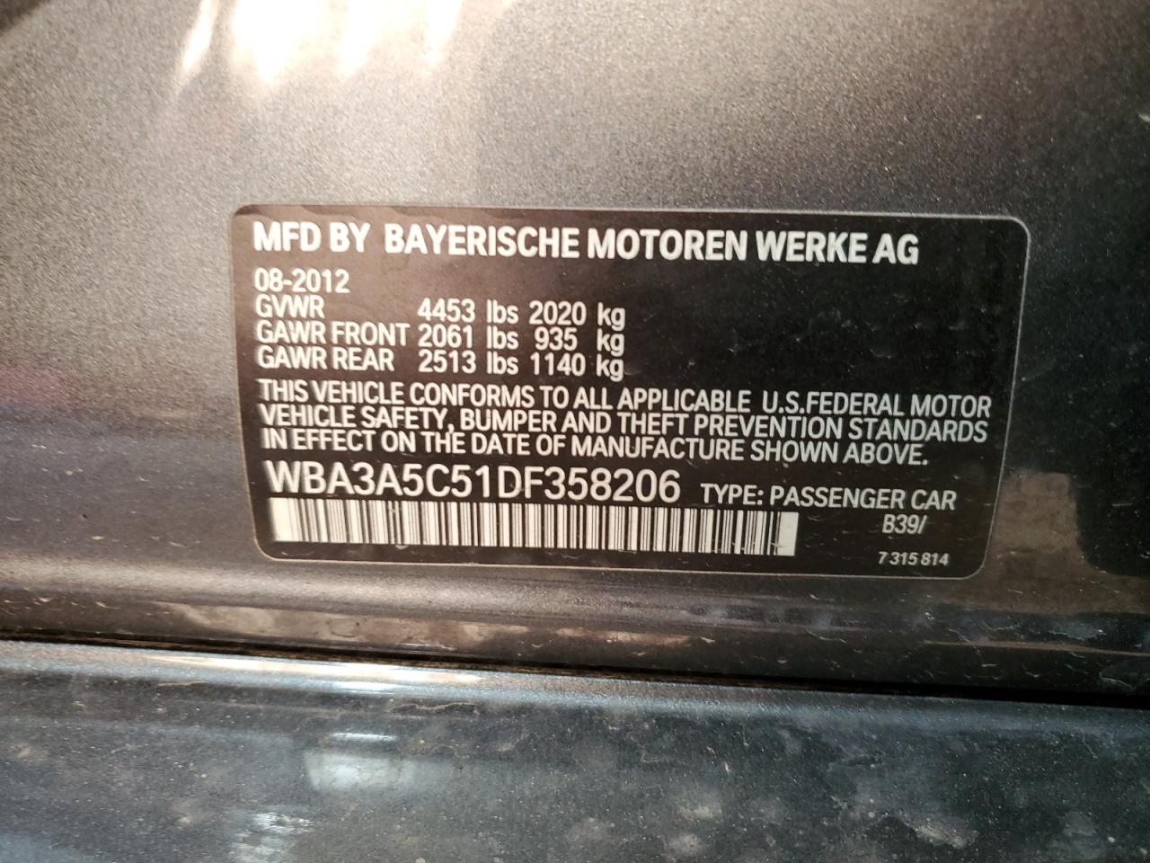 VIN WBA3A5C51DF358206 2013 BMW 3 SERIES no.12