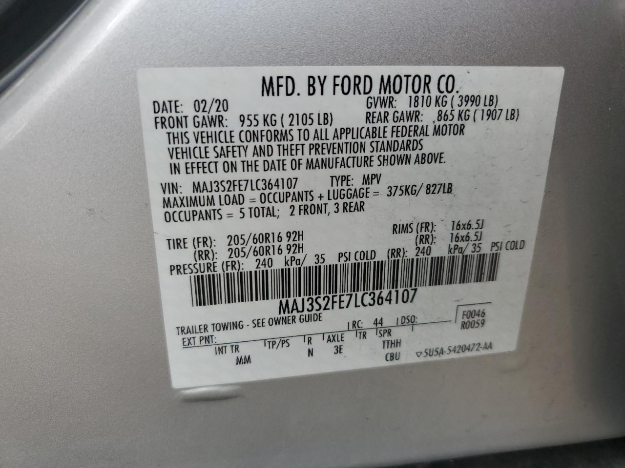 2020 Ford Ecosport S VIN: MAJ3S2FE7LC364107 Lot: 85976824