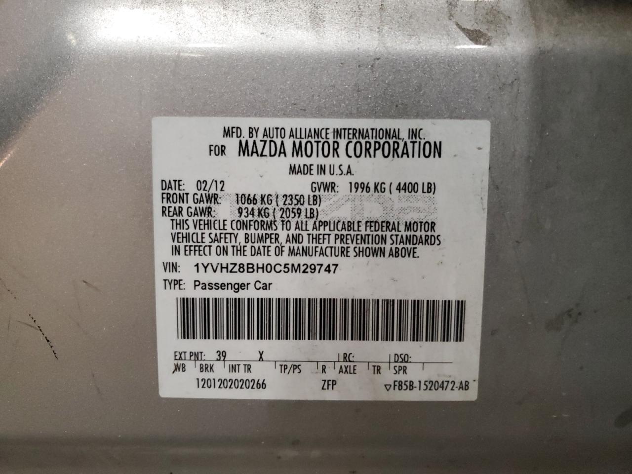 2012 Mazda 6 I VIN: 1YVHZ8BH0C5M29747 Lot: 84550804