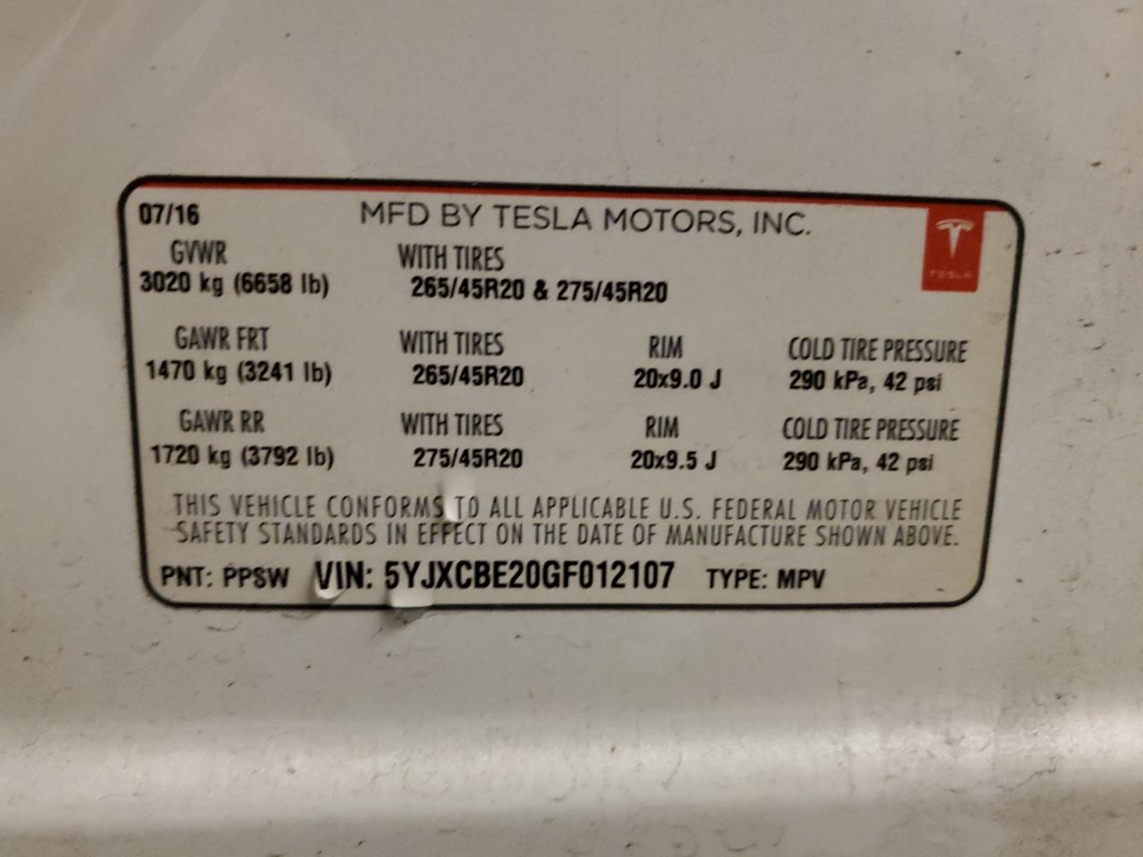 2016 Tesla Model X VIN: 5YJXCBE20GF012107 Lot: 84697104