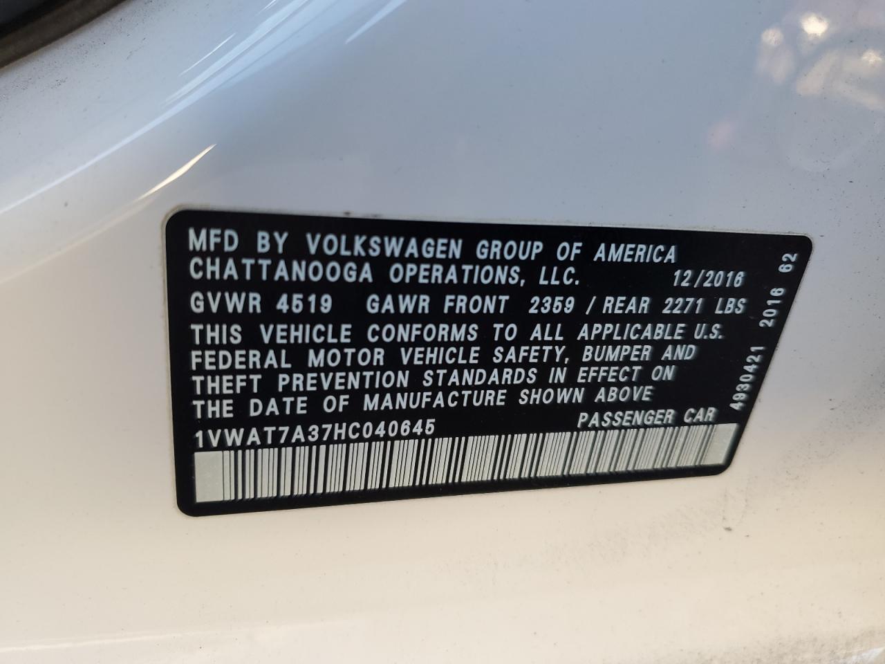 VIN 1VWAT7A37HC040645 2017 VOLKSWAGEN PASSAT no.12