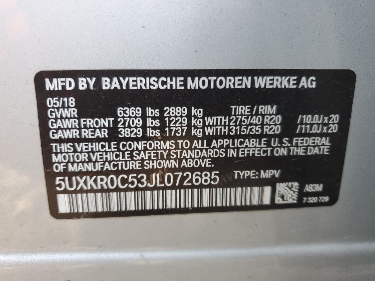 VIN 5UXKR0C53JL072685 2018 BMW X5 no.13