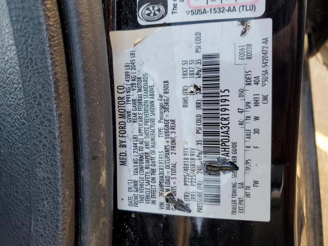 2012 Ford Fusion Sel VIN: 3FAHP0JA3CR191915 Lot: 81310564