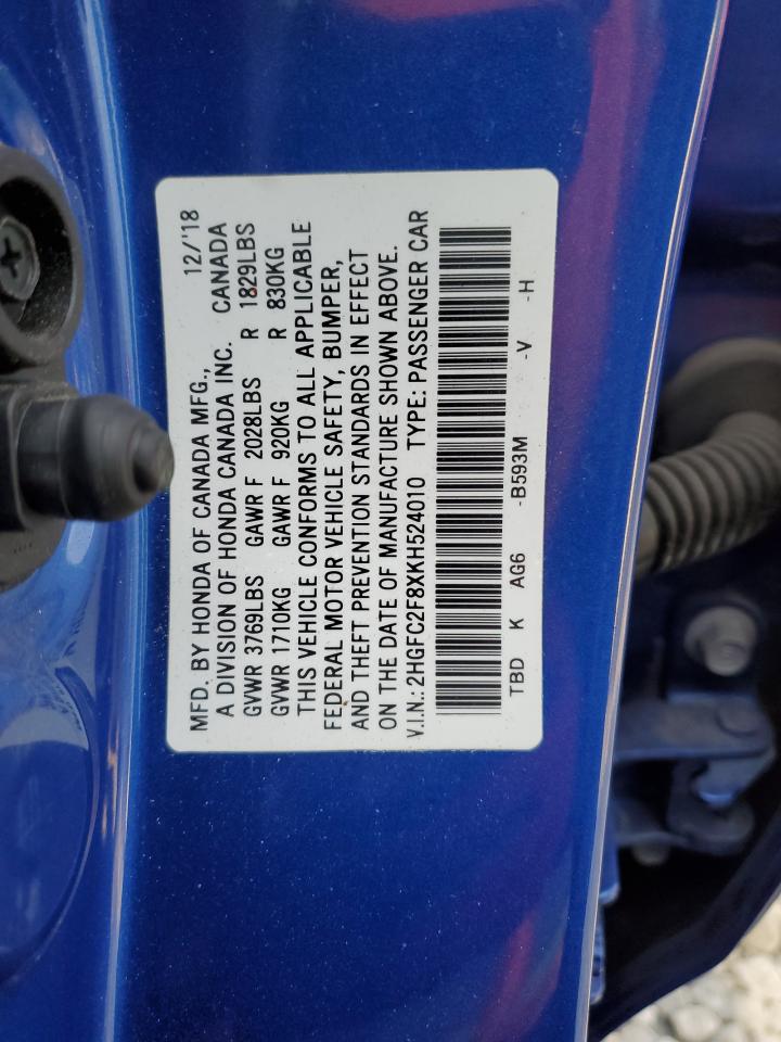 VIN 2HGFC2F8XKH524010 2019 HONDA CIVIC no.13