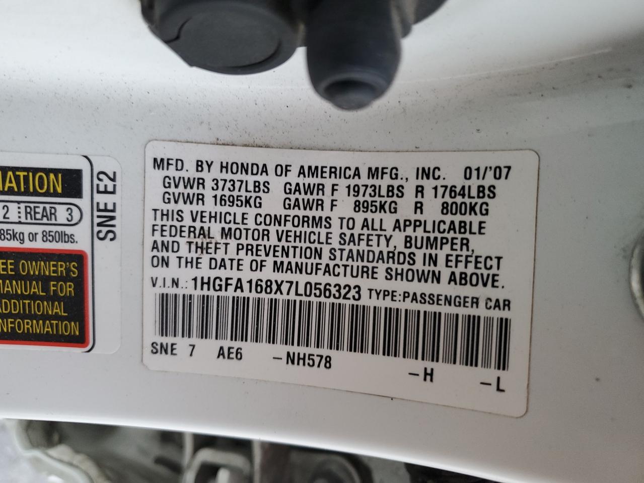 2007 Honda Civic Ex VIN: 1HGFA168X7L056323 Lot: 84997224