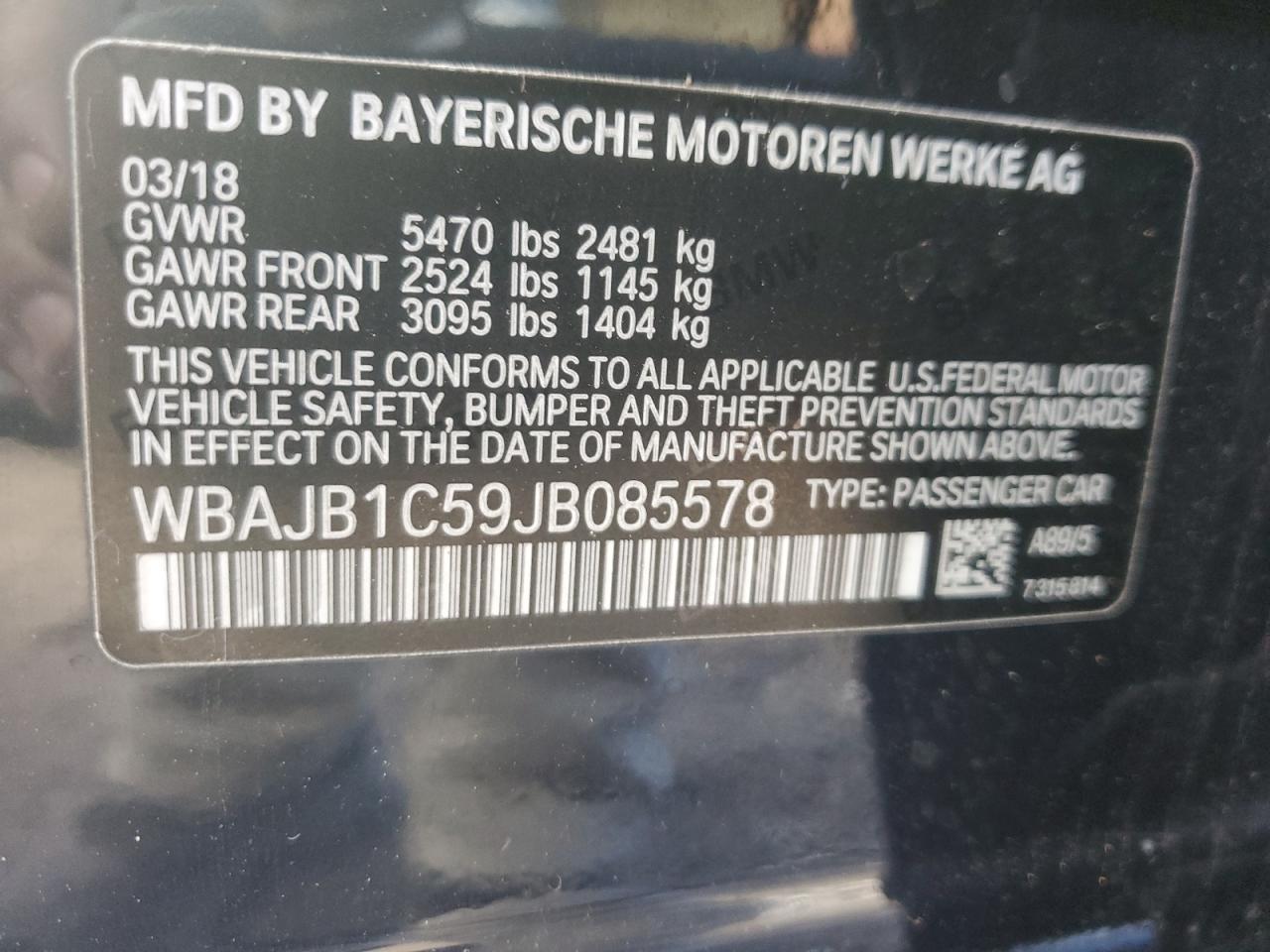 VIN WBAJB1C59JB085578 2018 BMW 5 SERIES no.13