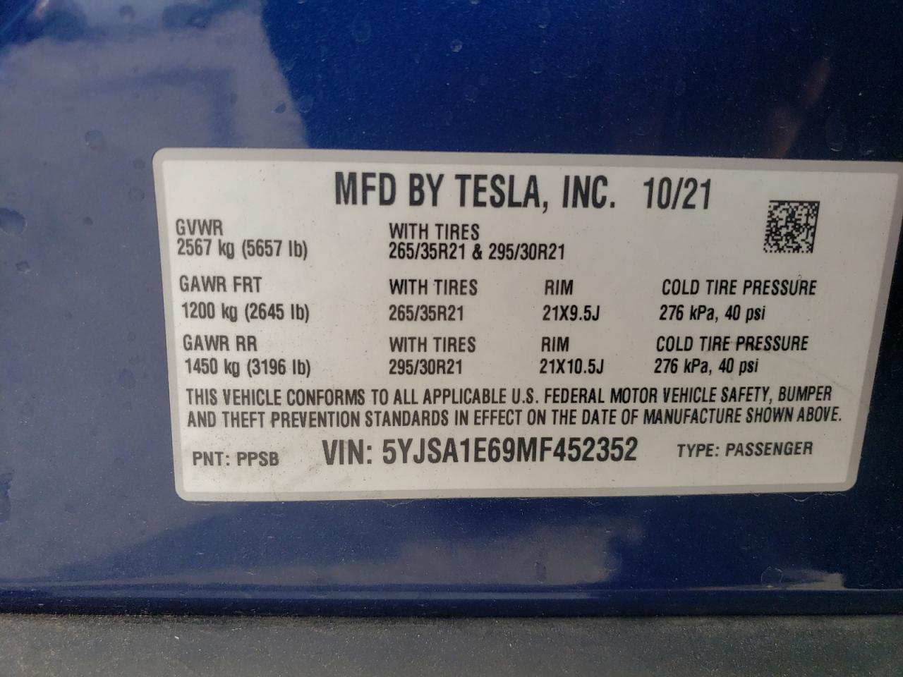 2021 Tesla Model S VIN: 5YJSA1E69MF452352 Lot: 84639174