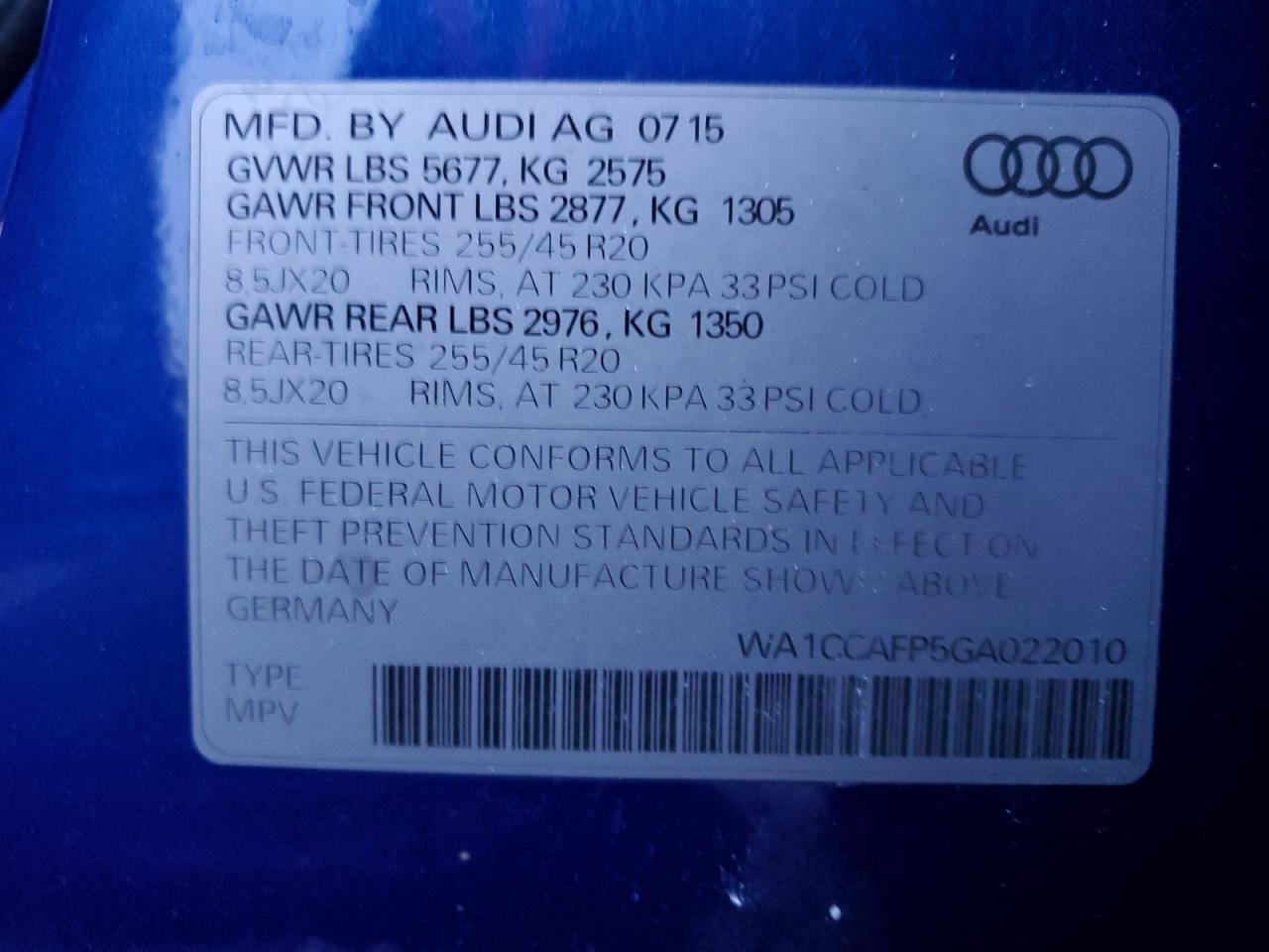 VIN WA1CCAFP5GA022010 2016 AUDI SQ5 no.13