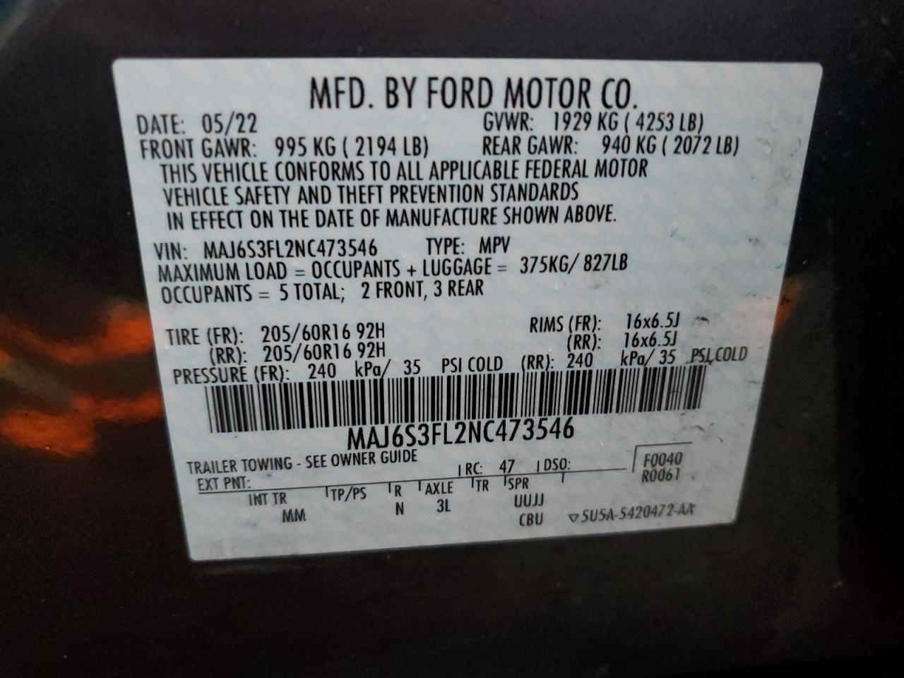 2022 Ford Ecosport S VIN: MAJ6S3FL2NC473546 Lot: 86724694