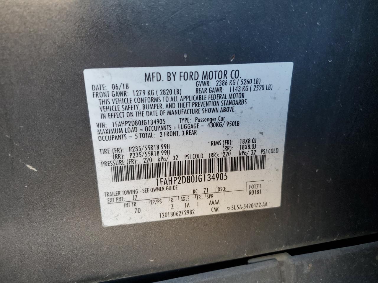 2018 Ford Taurus Se VIN: 1FAHP2D80JG134905 Lot: 85952624