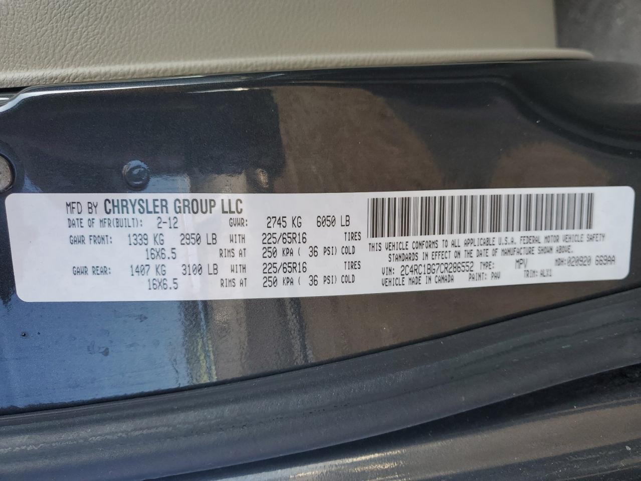 2012 Chrysler Town & Country Touring VIN: 2C4RC1BG7CR286552 Lot: 86080564