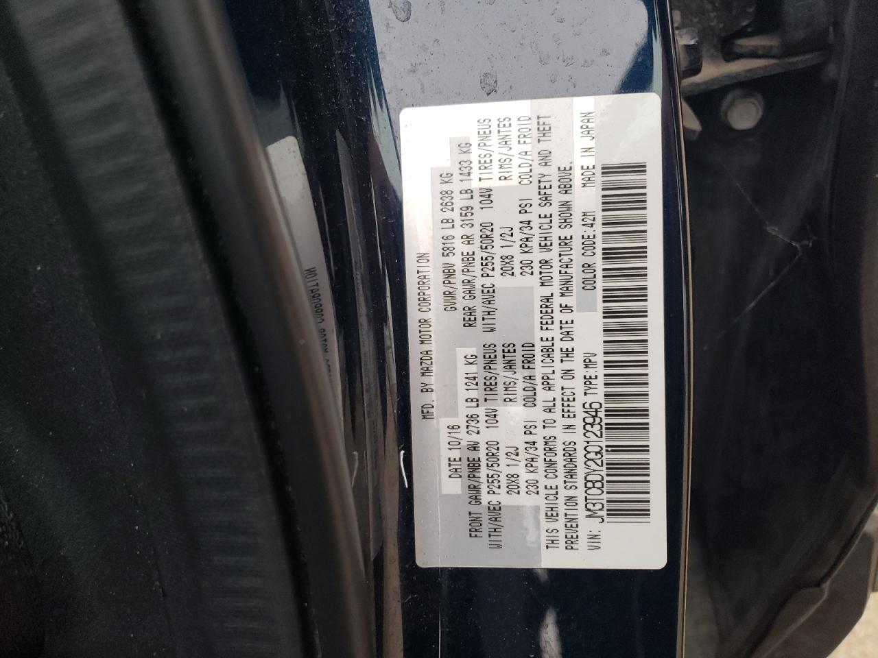 VIN JM3TCBDY2G0123946 2016 MAZDA CX-9 no.14