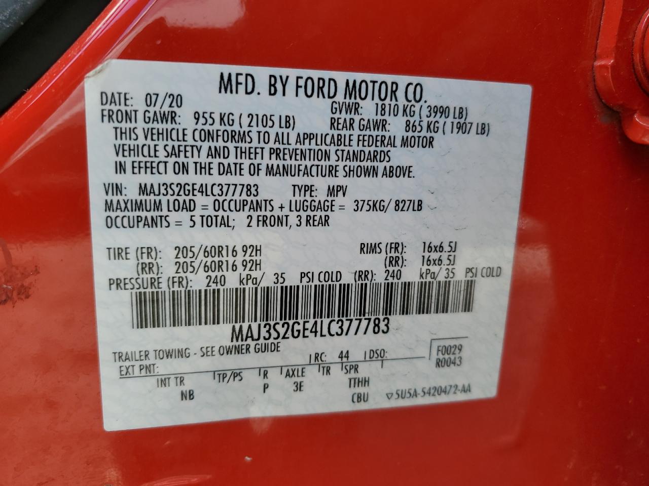 2020 Ford Ecosport Se VIN: MAJ3S2GE4LC377783 Lot: 84497284