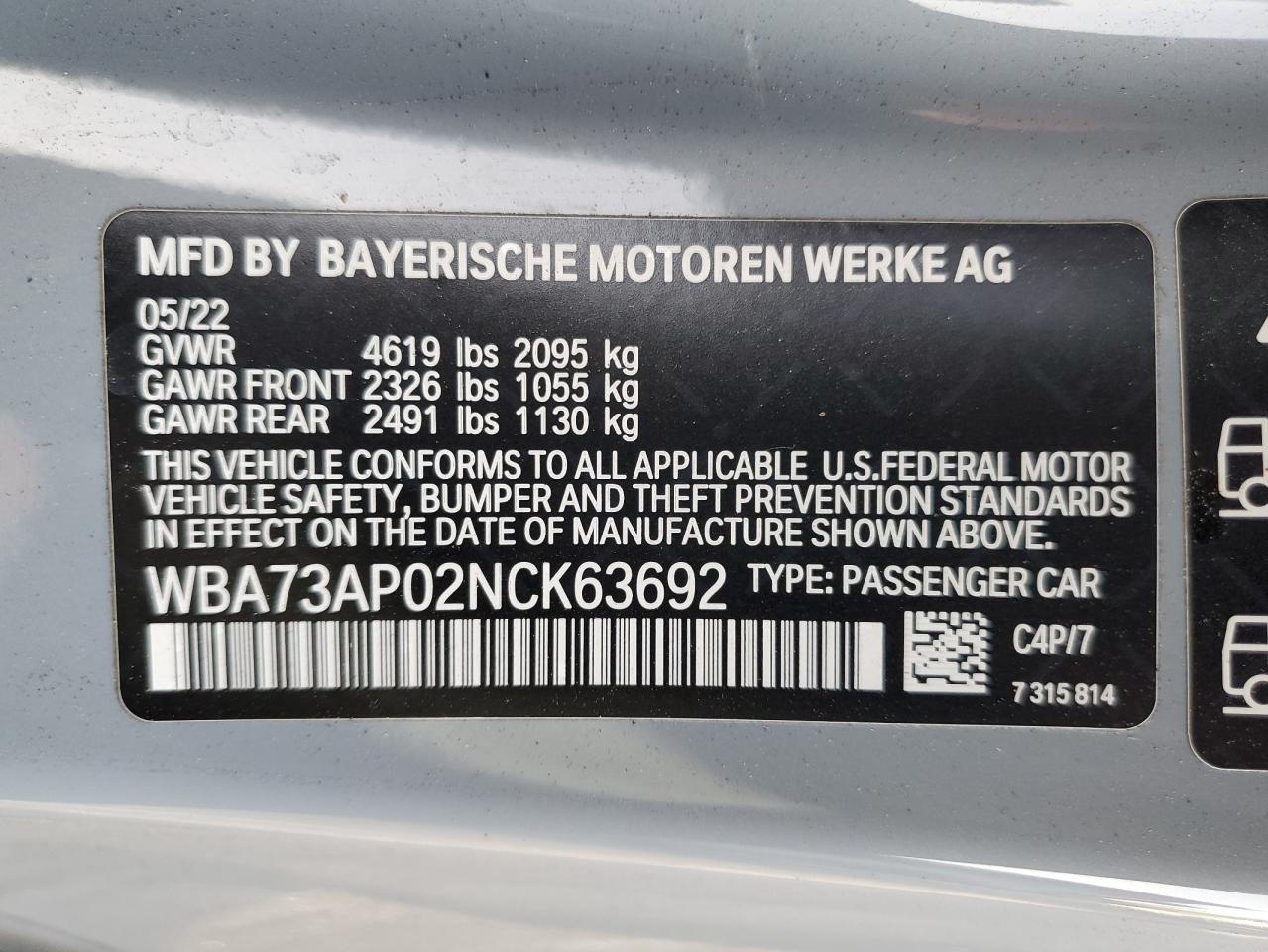 VIN WBA73AP02NCK63692 2022 BMW 4 SERIES no.12