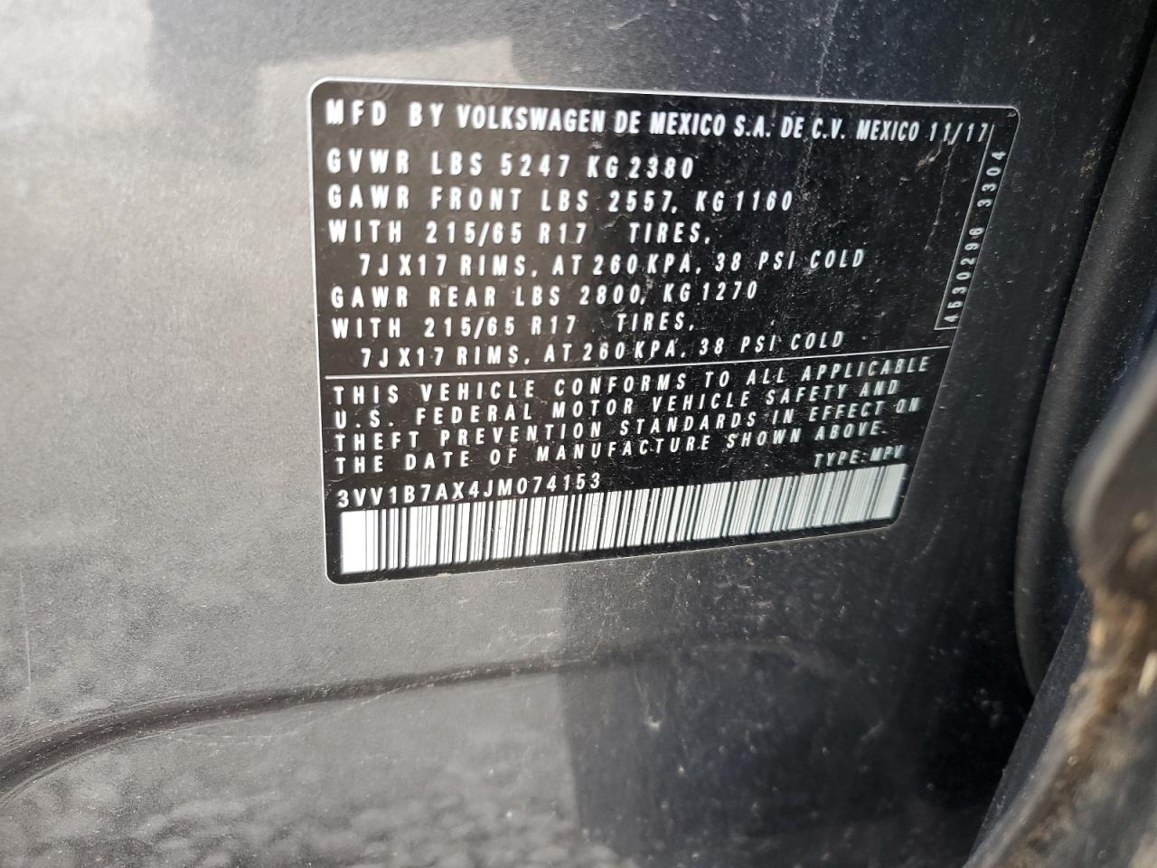 2018 Volkswagen Tiguan S VIN: 3VV1B7AX4JM074153 Lot: 84220564
