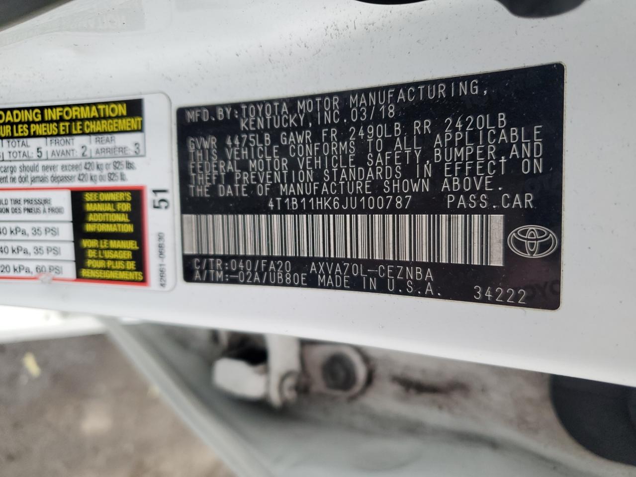 VIN 4T1B11HK6JU100787 2018 TOYOTA CAMRY no.13