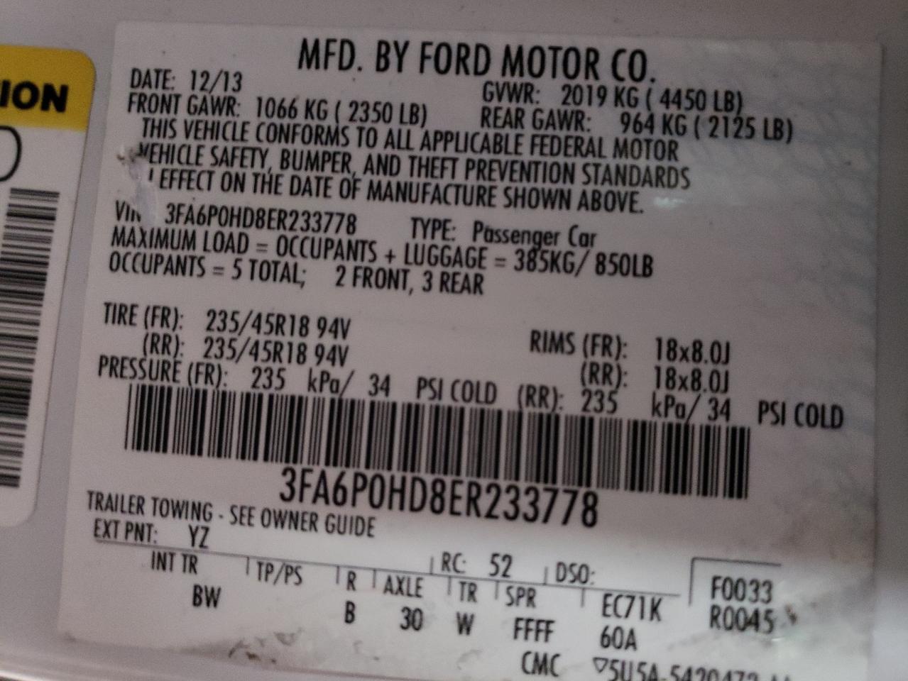 VIN 3FA6P0HD8ER233778 2014 FORD FUSION no.12