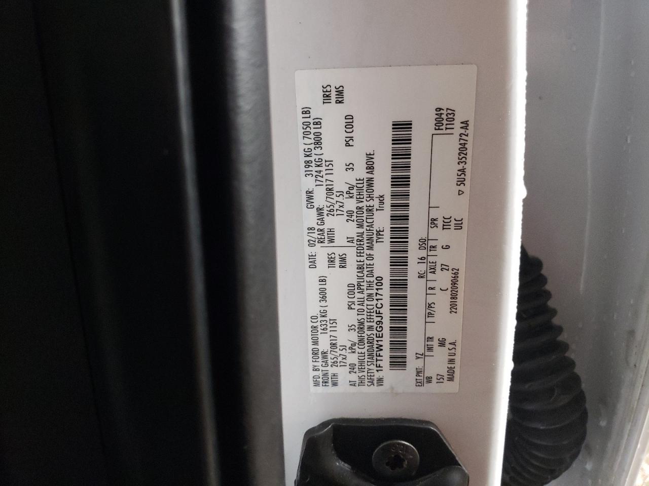 2018 Ford F150 Supercrew VIN: 1FTFW1EG9JFC17100 Lot: 83706864