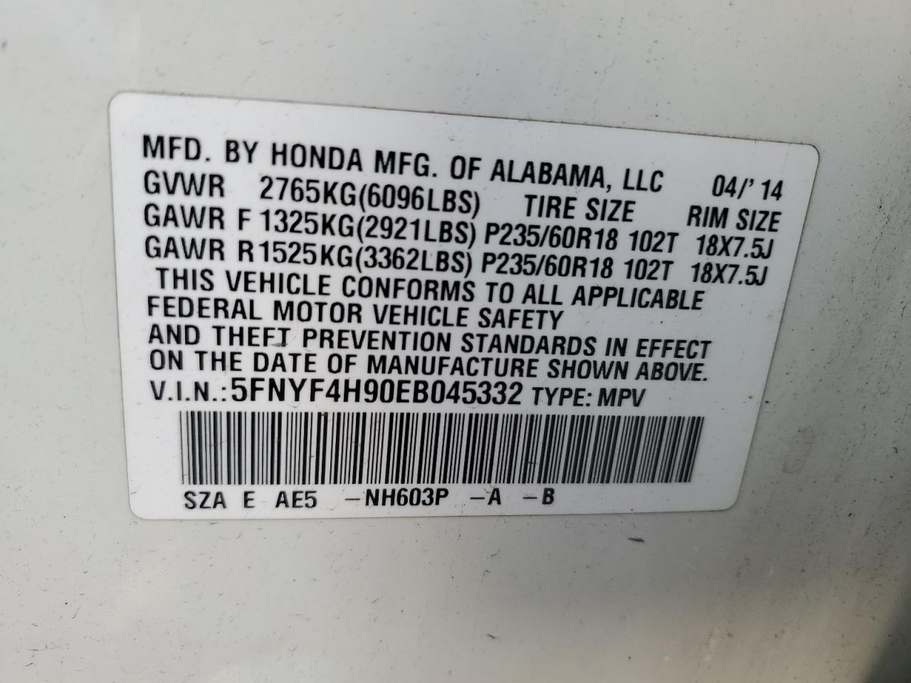 VIN 5FNYF4H90EB045332 2014 HONDA PILOT no.13