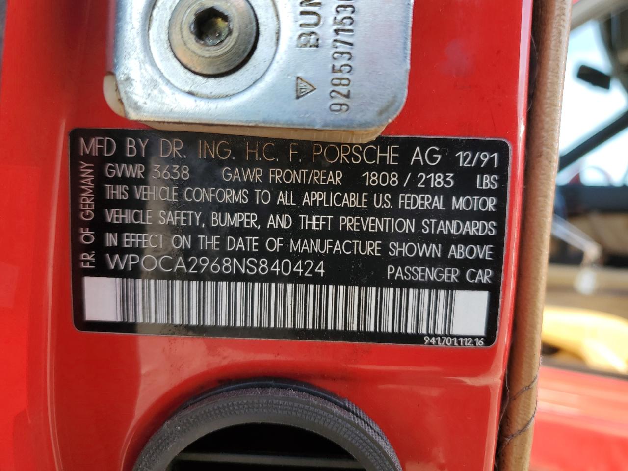 1992 Porsche 968 VIN: WP0CA2968NS840424 Lot: 83043944