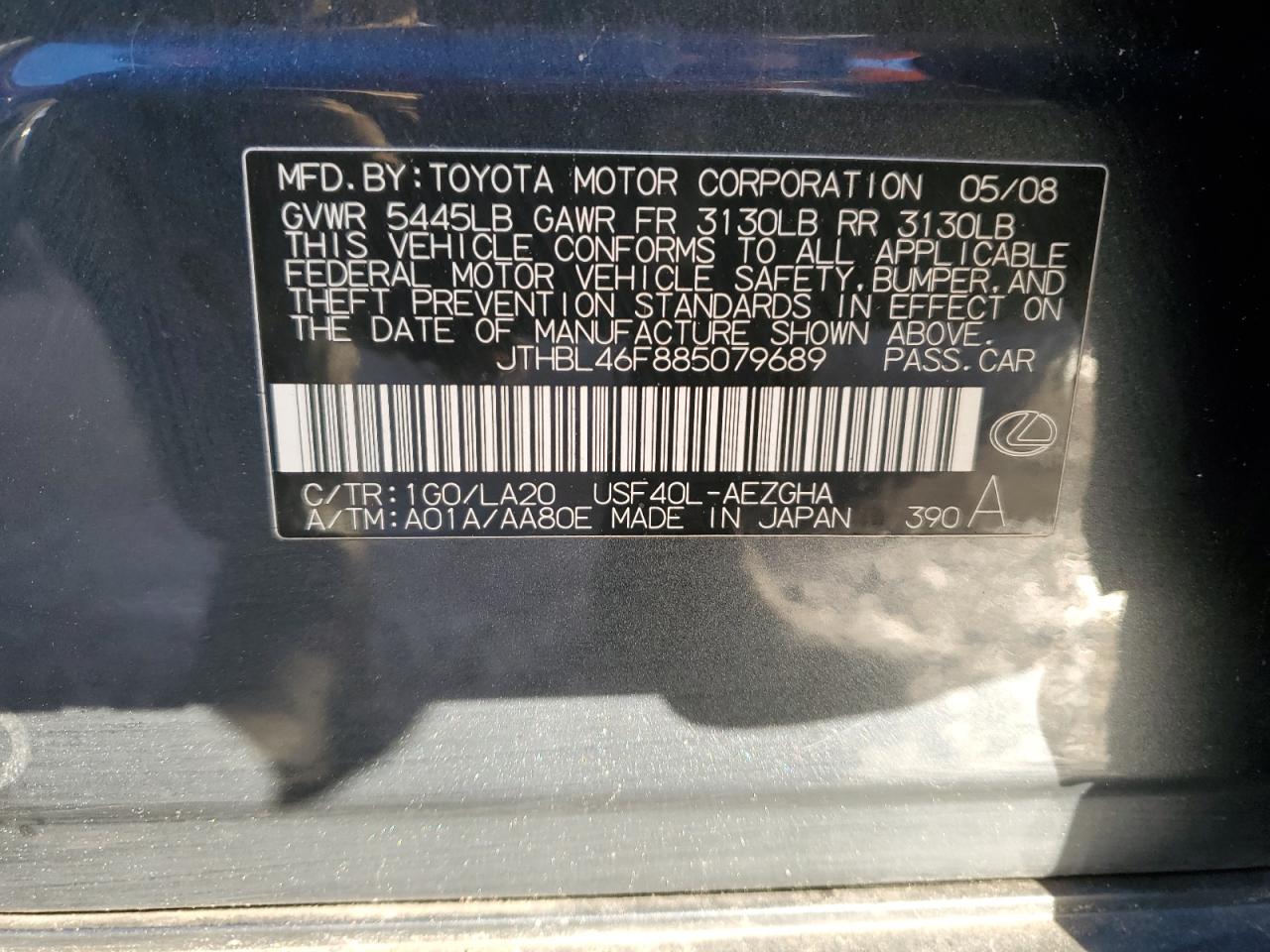 2008 Lexus Ls 460 VIN: JTHBL46F885079689 Lot: 83899394