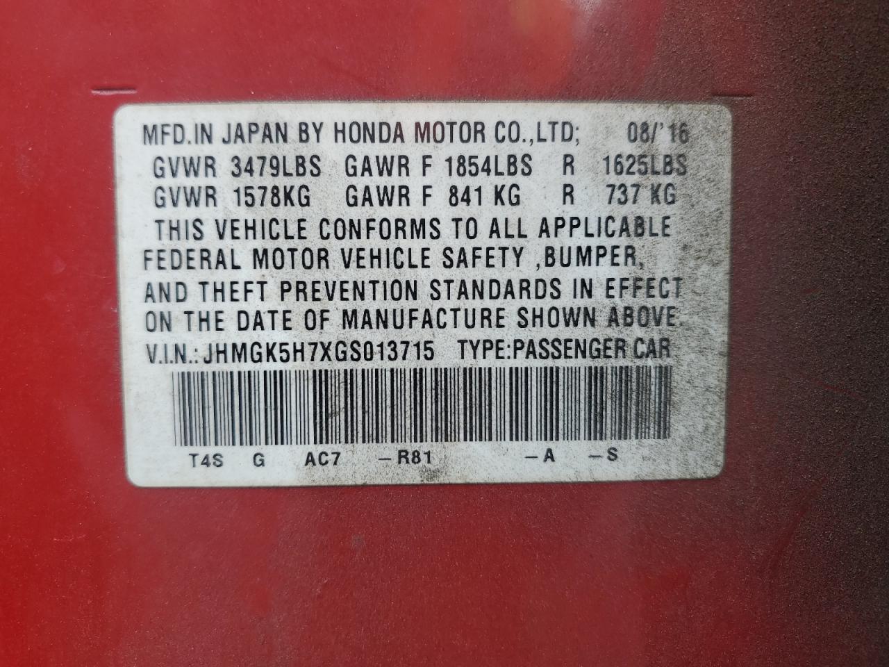 VIN JHMGK5H7XGS013715 2016 HONDA FIT no.13