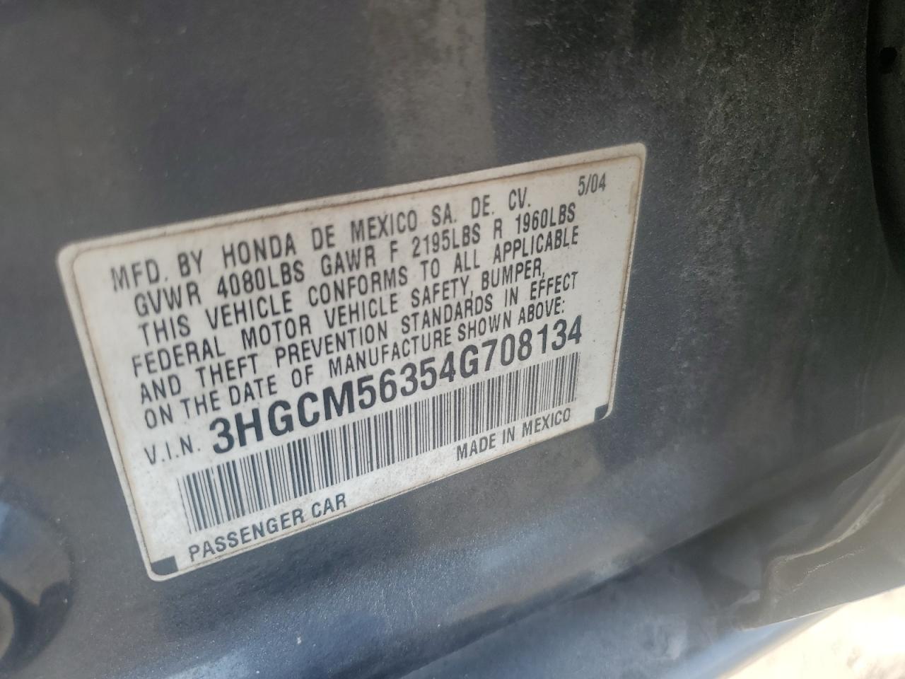 2004 Honda Accord Lx VIN: 3HGCM56354G708134 Lot: 91378765