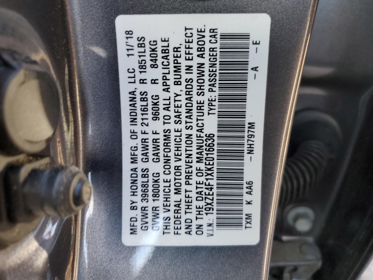 VIN 19XZE4F1XKE016636 2019 HONDA INSIGHT no.12