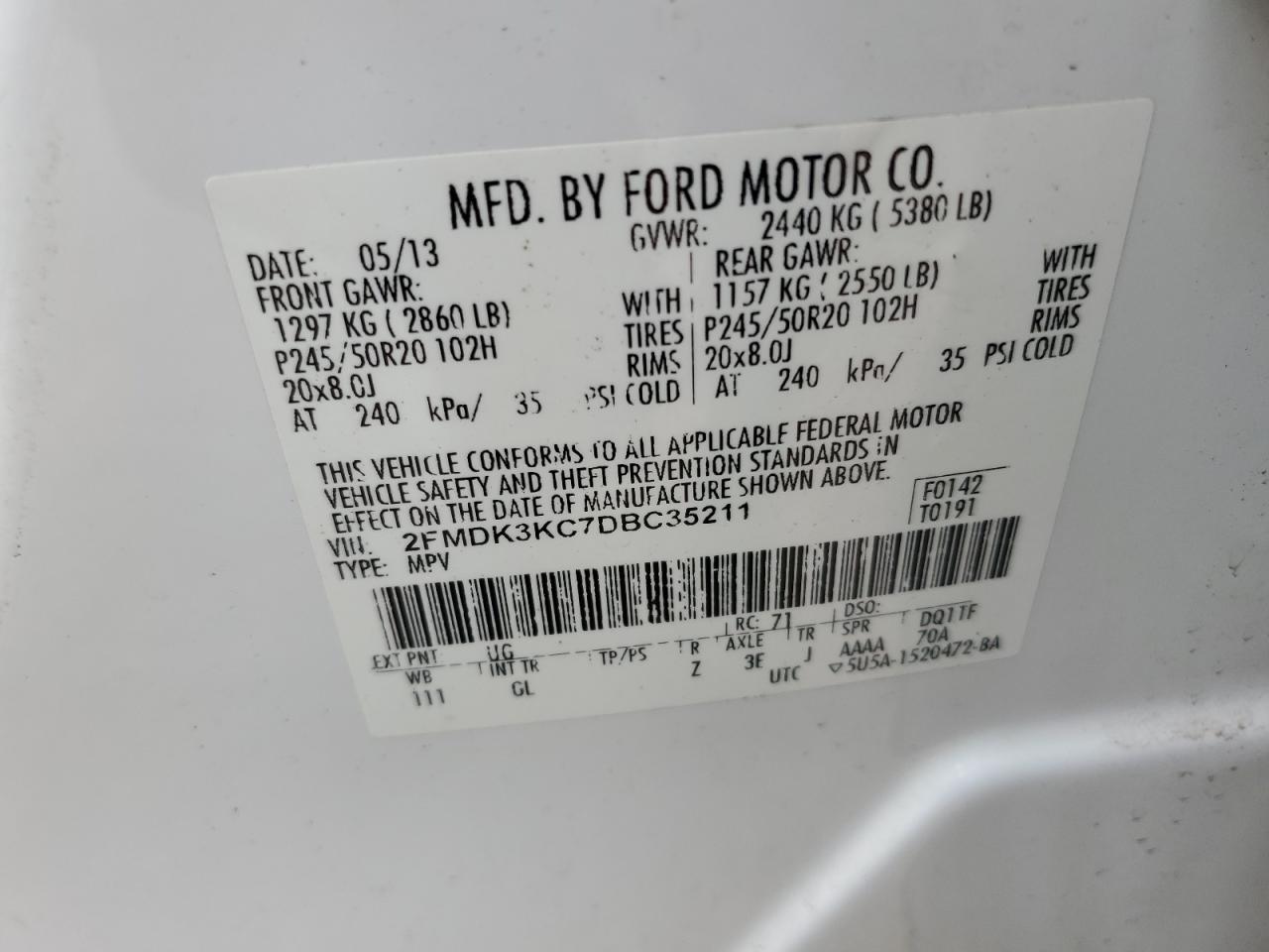 VIN 2FMDK3KC7DBC35211 2013 FORD EDGE no.13