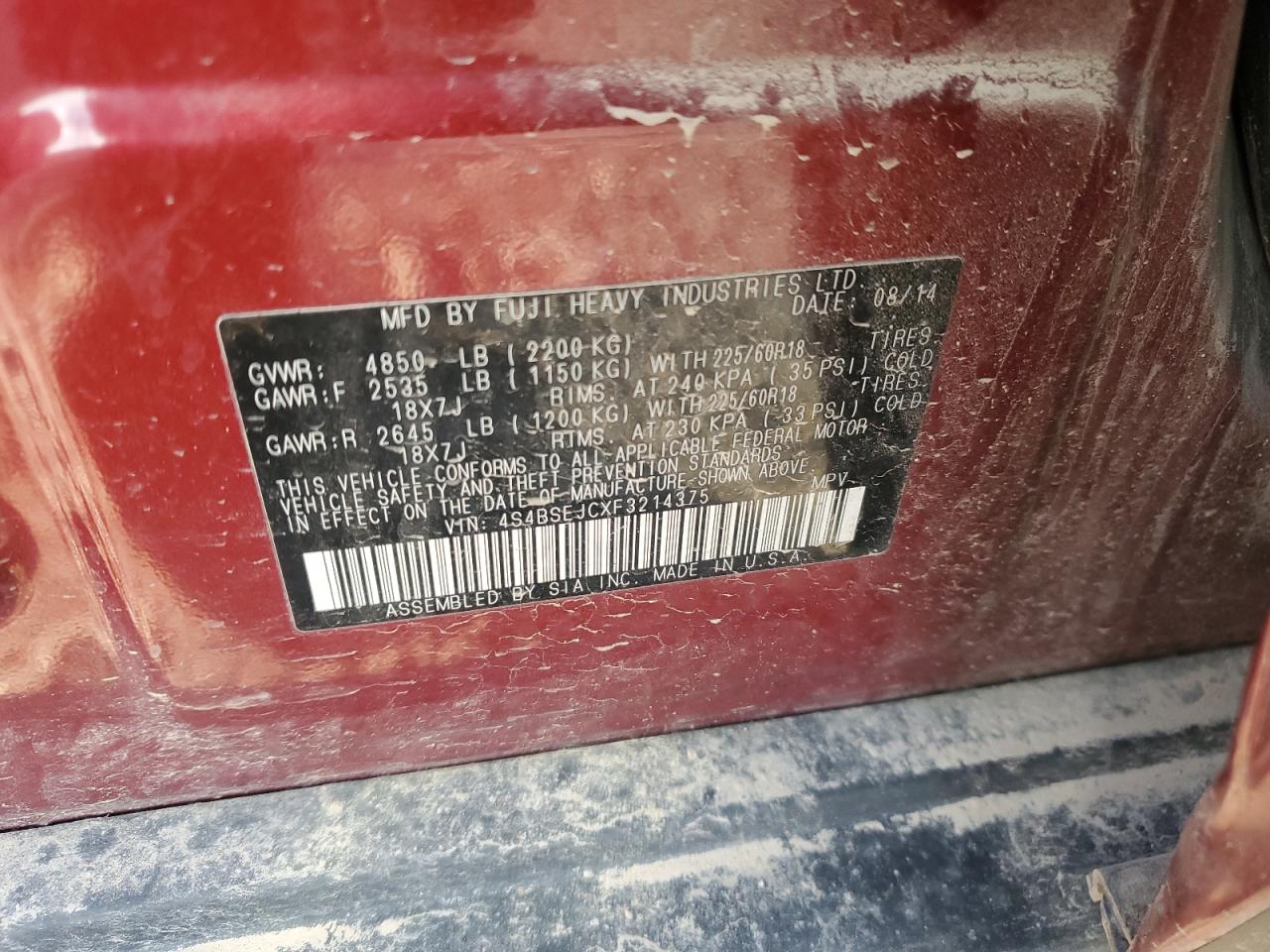 2015 Subaru Outback 3.6R Limited VIN: 4S4BSEJCXF3214375 Lot: 85084804