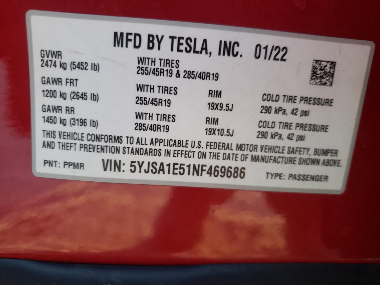 2022 Tesla Model S VIN: 5YJSA1E51NF469686 Lot: 85823634