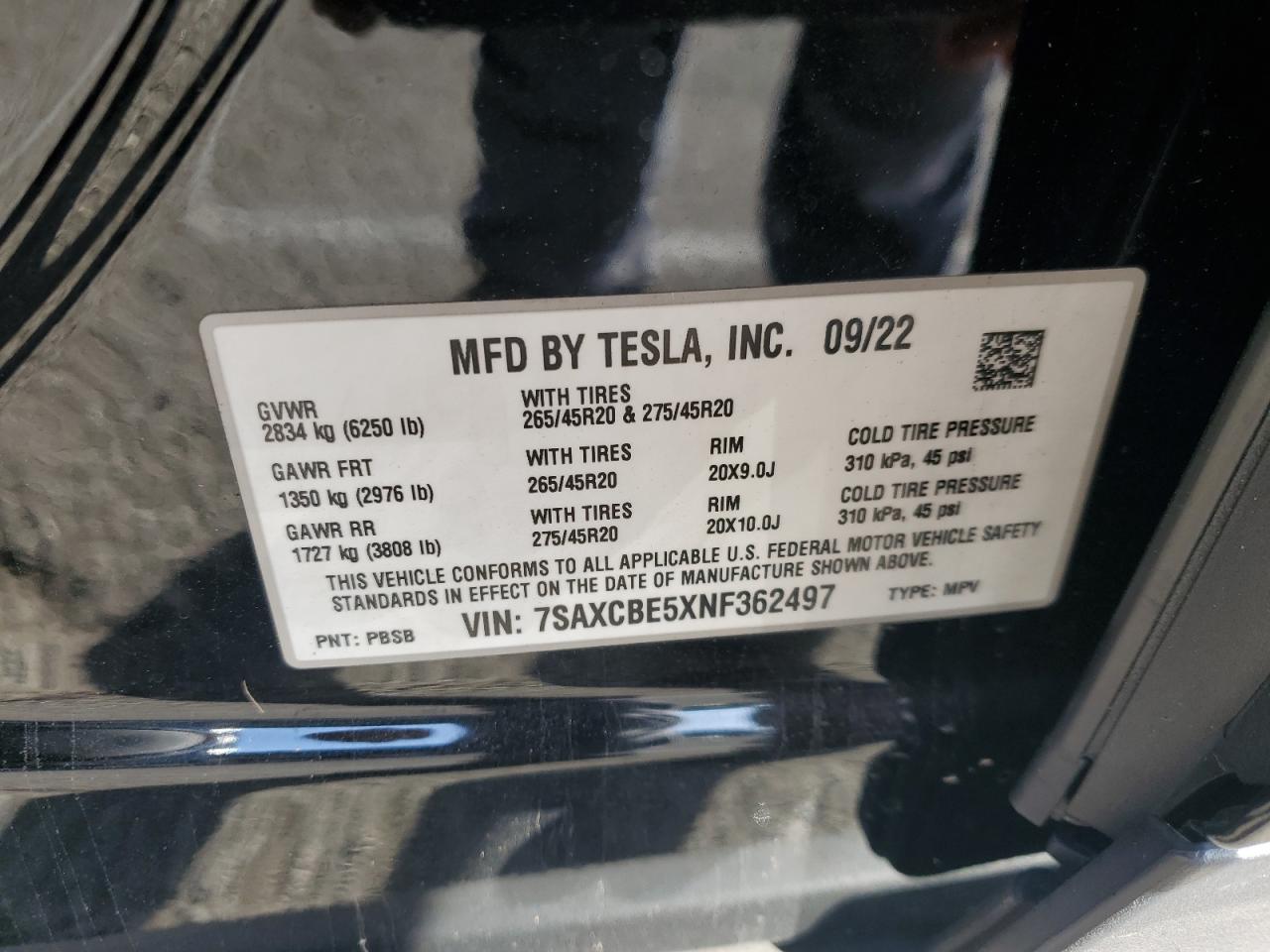 2022 Tesla Model X VIN: 7SAXCBE5XNF362497 Lot: 84655494