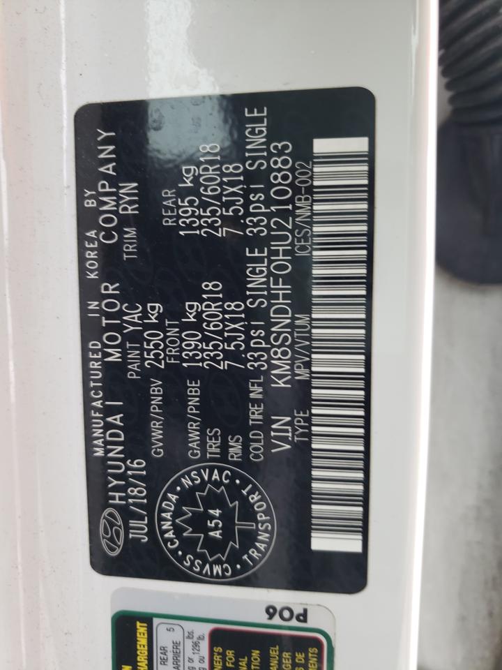 2017 Hyundai Santa Fe Se VIN: KM8SNDHF0HU210883 Lot: 86532074