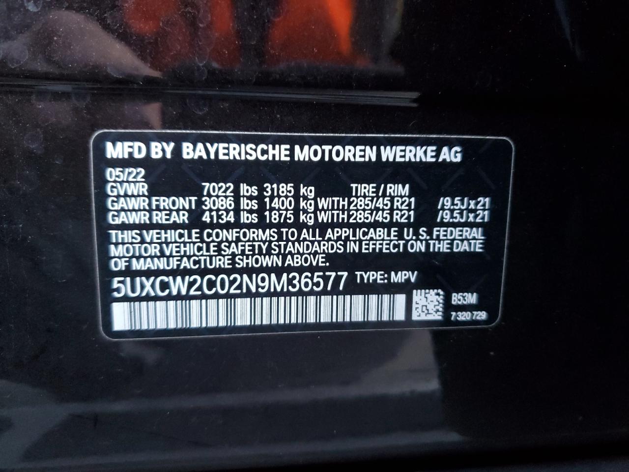 VIN 5UXCW2C02N9M36577 2022 BMW X7 no.13