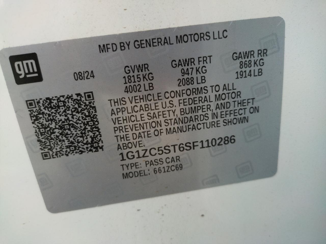 2025 Chevrolet Malibu Ls VIN: 1G1ZC5ST6SF110286 Lot: 86173524